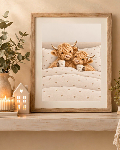 Highland cow couple bed - in,