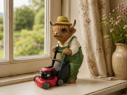 Highland cow mowing lawn - highland,